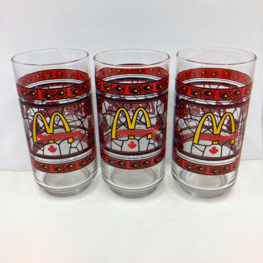 McDonald's Canada Coca-Cola Drinking Glasses Stained Glass Style Lot of 3